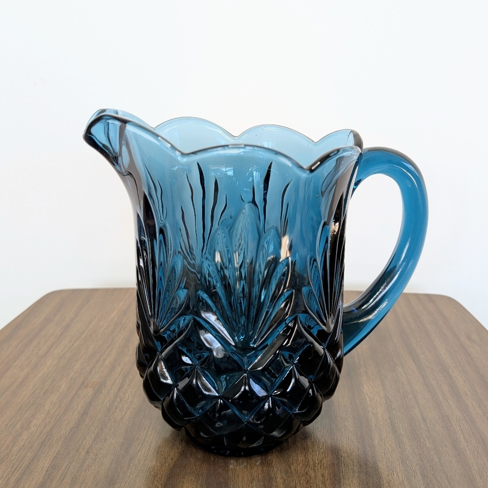 Jeffrey Banks Dark Blue Cut Crystal Pitcher Scalloped Edges Shannon By Godinger